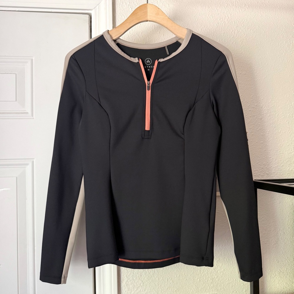 AETHER colorblock black tan athletic 1/4 quarter half zip long sleeve shirt top